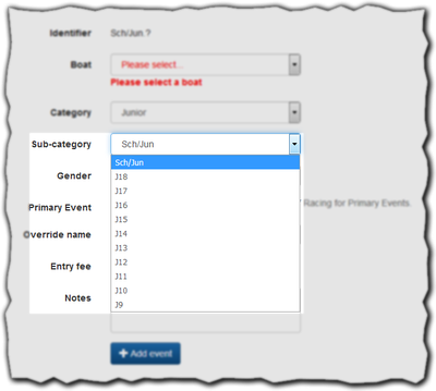 Junior sub-category options