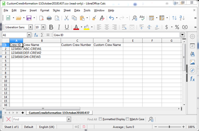 Blank crew information spreadsheet