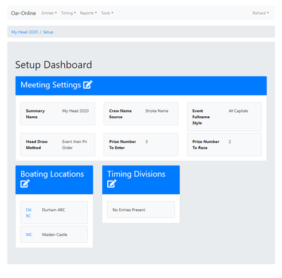 Populated Head Race Setup Dashboard