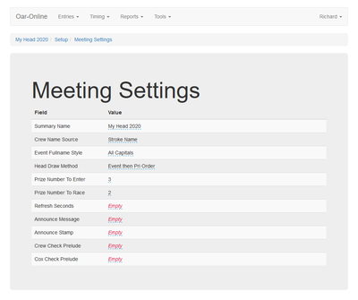 Meeting Settings for Head Race